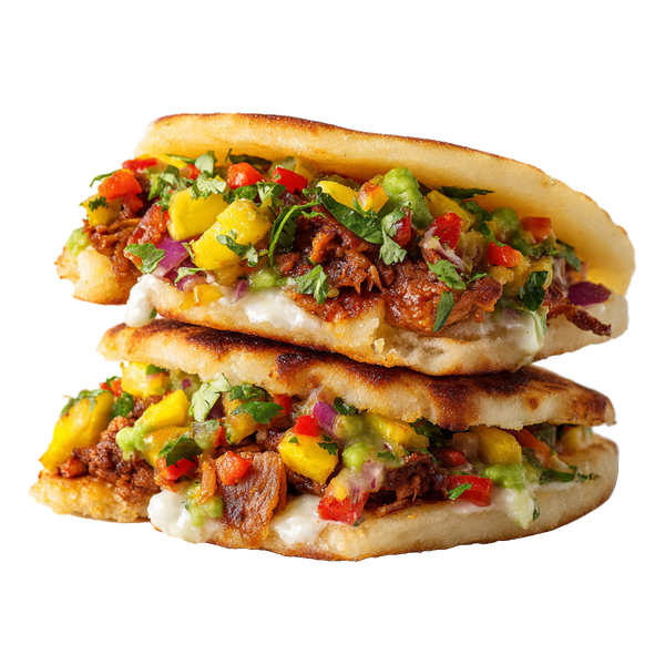 Arepa Cabimera con carne mechada, huevo, jamón y queso