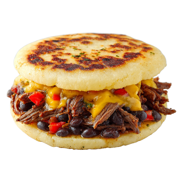 Arepa La Dominó de caraotas, carne mechada y queso