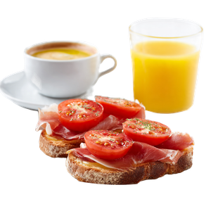 Desayuno clásico con tostada, jamón, tomate, aceite de oliva, café con leche y zumo de naranja