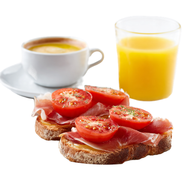 Desayuno clásico con tostada, jamón, tomate, aceite de oliva, café con leche y zumo de naranja