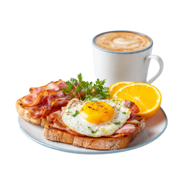 Desayuno especial con tostada, huevo, jamón, bacon, café y zumo de naranja